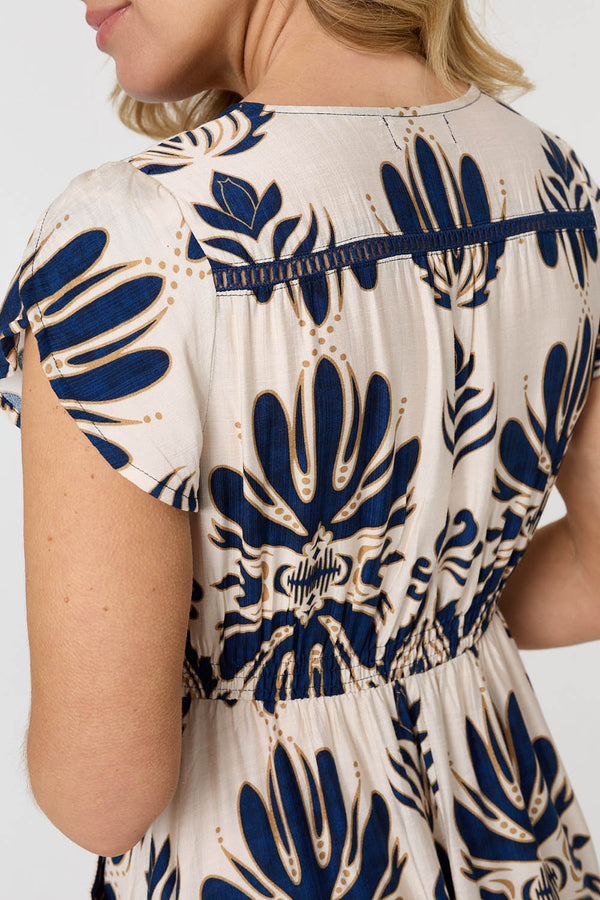Navy | Printed Lace Trim Cap Sleeved Maxi Dress