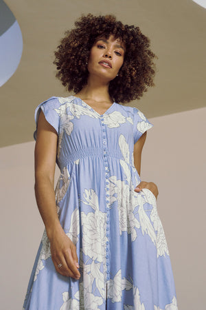 Blue | Floral Cap Sleeve Button-Up Maxi Dress ; Model is 5'8
