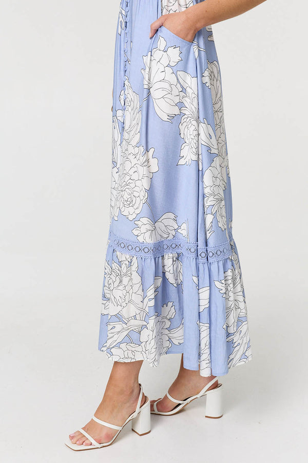 Blue | Floral Cap Sleeve Button-Up Maxi Dress
