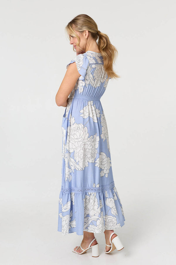 Blue | Floral Cap Sleeve Button-Up Maxi Dress
