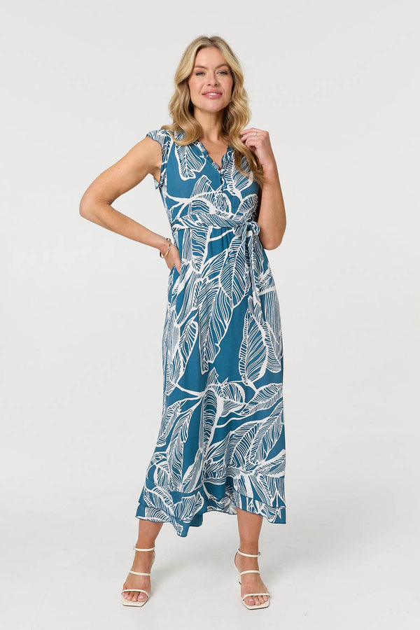 Blue | Leaf Print Sleeveless Maxi Dress
