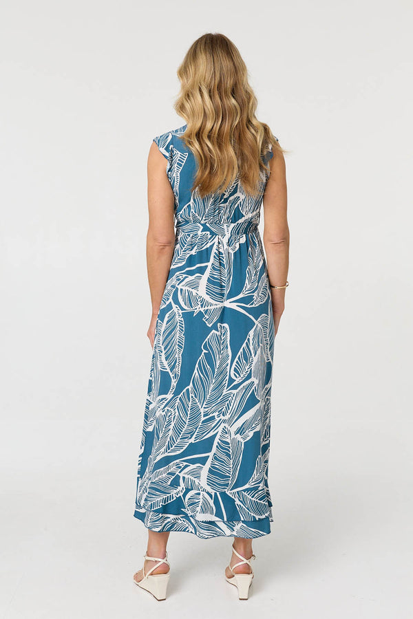 Blue | Leaf Print Sleeveless Maxi Dress
