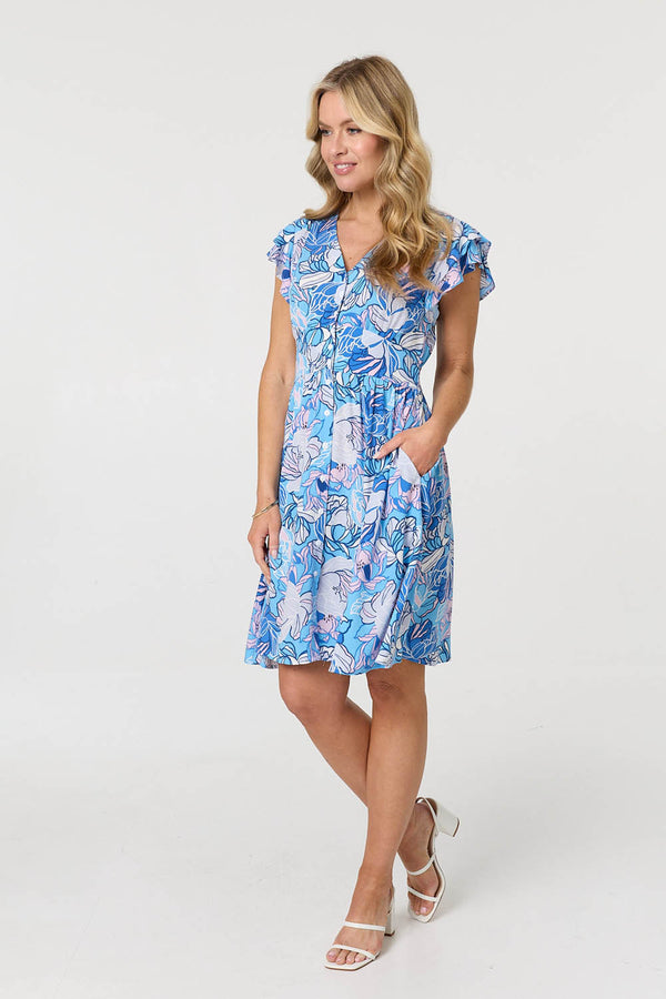 Blue | Floral Cap Sleeve Knee Length Dress
