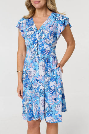 Blue | Floral Cap Sleeve Knee Length Dress
