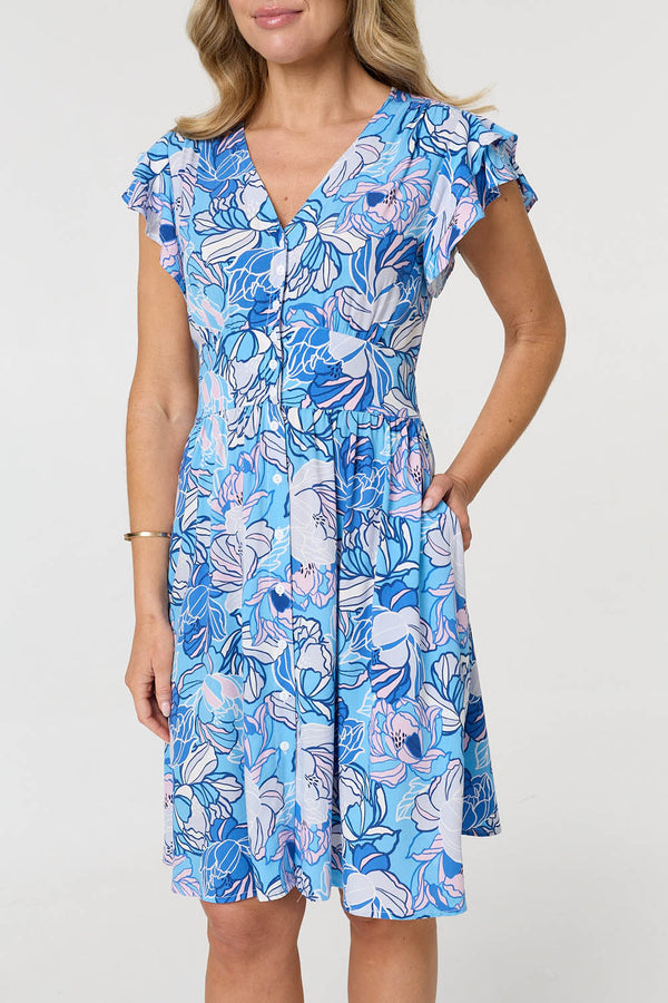 Blue | Floral Cap Sleeve Knee Length Dress
