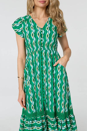 Green | Geo Print Cap Sleeve Lace Midi Dress
