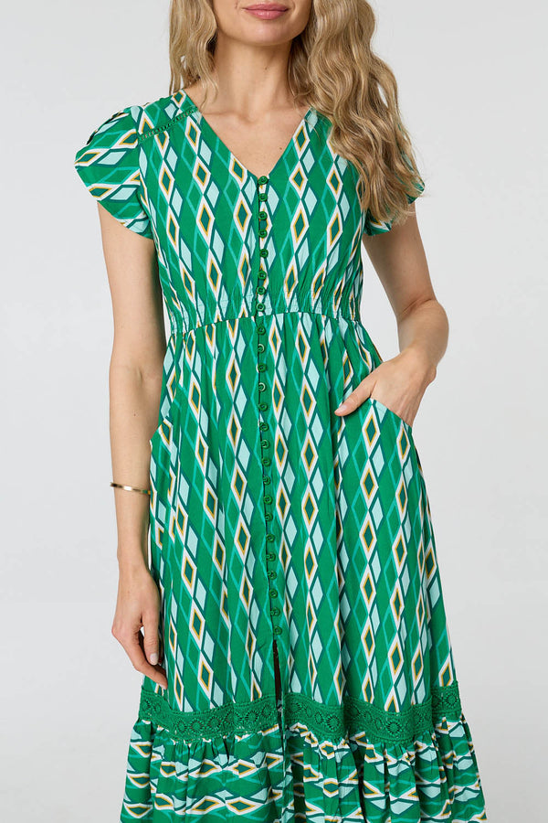 Green | Geo Print Cap Sleeve Lace Midi Dress