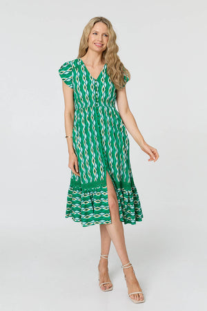 Green | Geo Print Cap Sleeve Lace Midi Dress