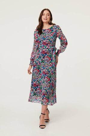 Blue | Ditsy Floral Layer Tie Waist Maxi Dress