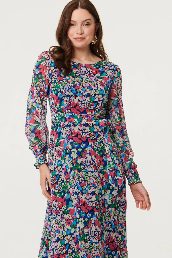 Blue | Ditsy Floral Layer Tie Waist Maxi Dress