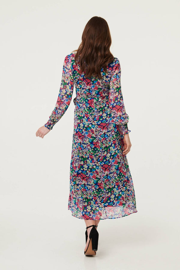 Blue | Ditsy Floral Layer Tie Waist Maxi Dress