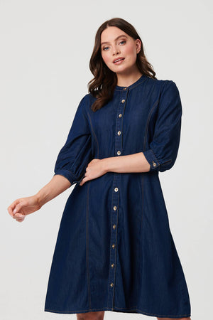 Blue | Collarless Knee Length Shirt Dress