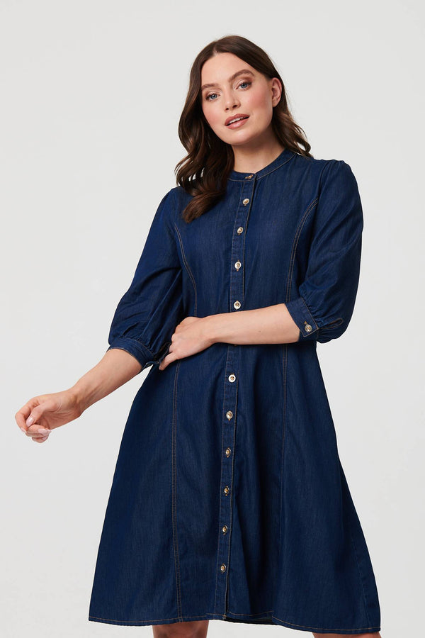 Blue | Collarless Knee Length Shirt Dress