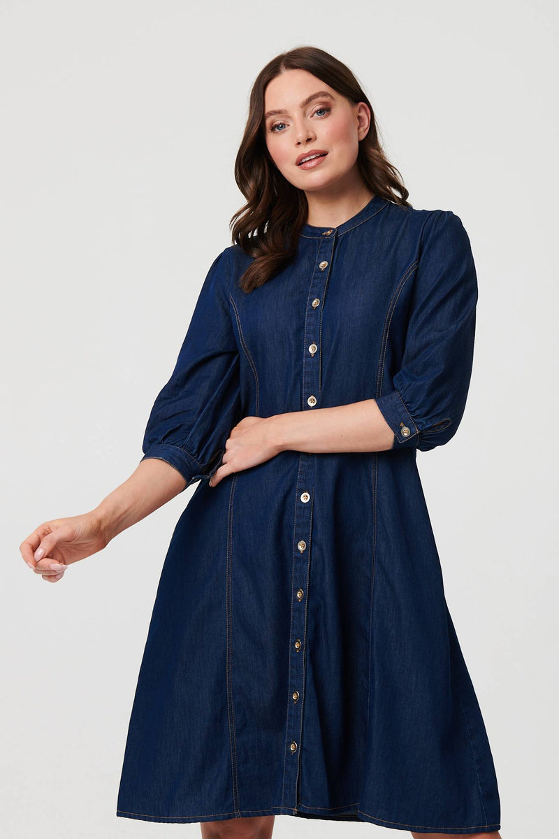Collarless Knee Length Shirt Dress