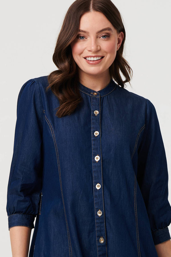 Blue | Collarless Knee Length Shirt Dress