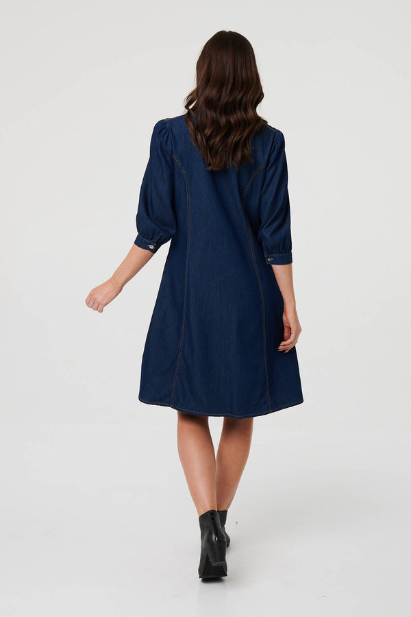 Blue | Collarless Knee Length Shirt Dress