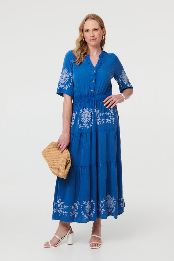 Blue | Embroidered Tiered 1/2 Sleeve Midi Dress
