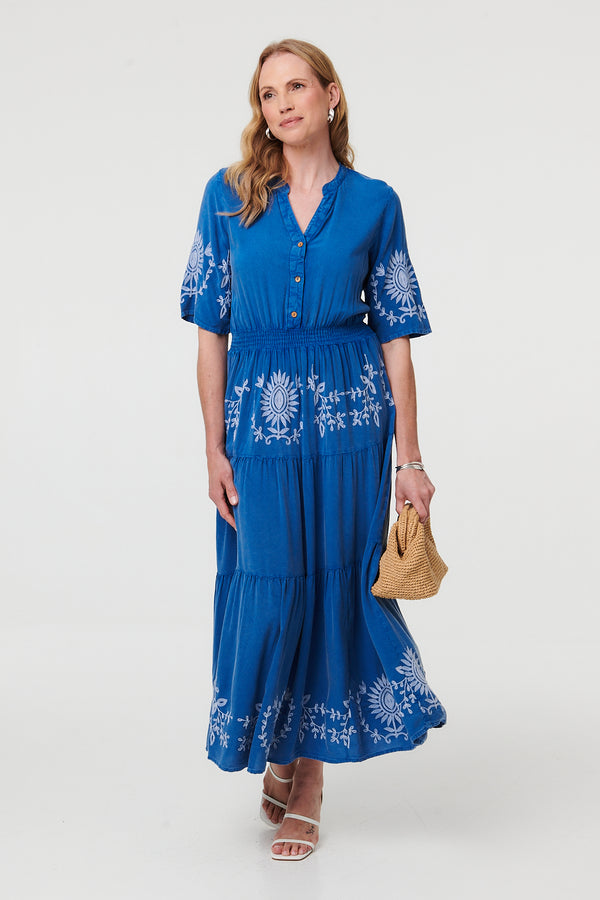 Blue | Embroidered Tiered 1/2 Sleeve Midi Dress