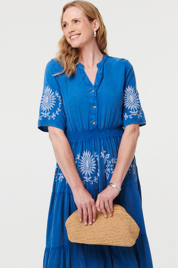 Blue | Embroidered Tiered 1/2 Sleeve Midi Dress