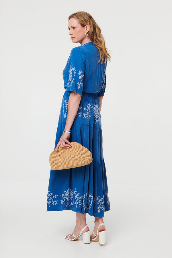 Blue | Embroidered Tiered 1/2 Sleeve Midi Dress