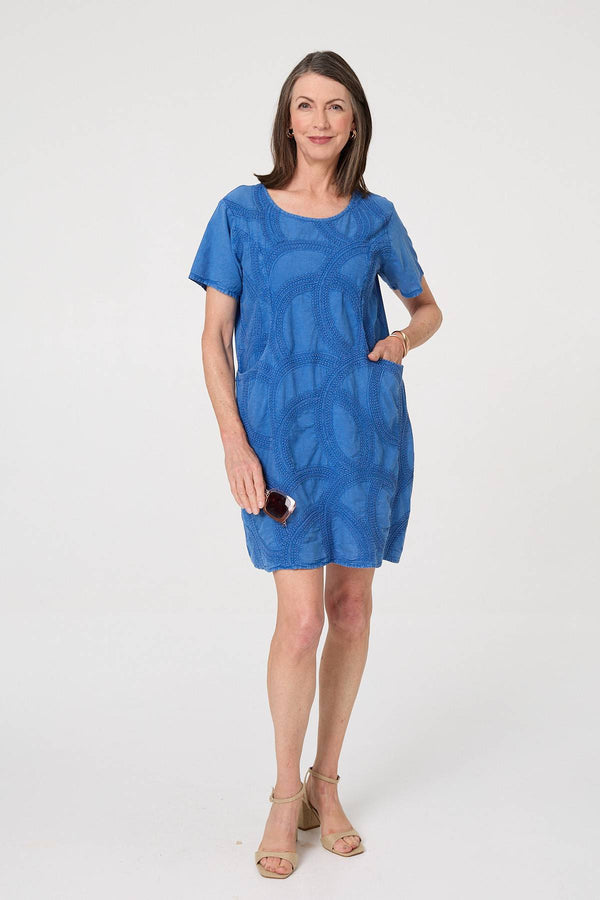 Blue | Embroidered Texture Short Shift Dress