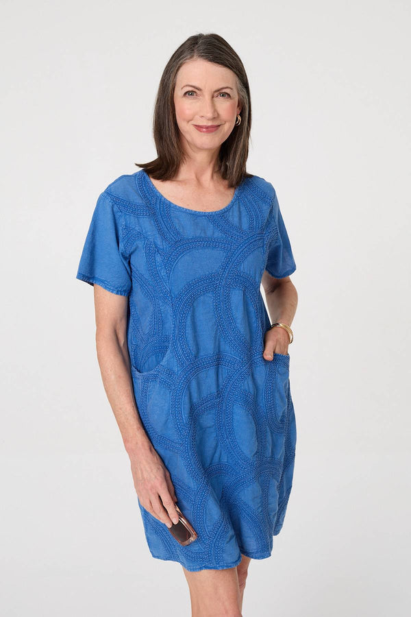 Blue | Embroidered Texture Short Shift Dress