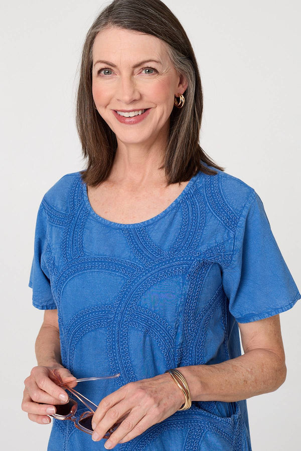Blue | Embroidered Texture Short Shift Dress