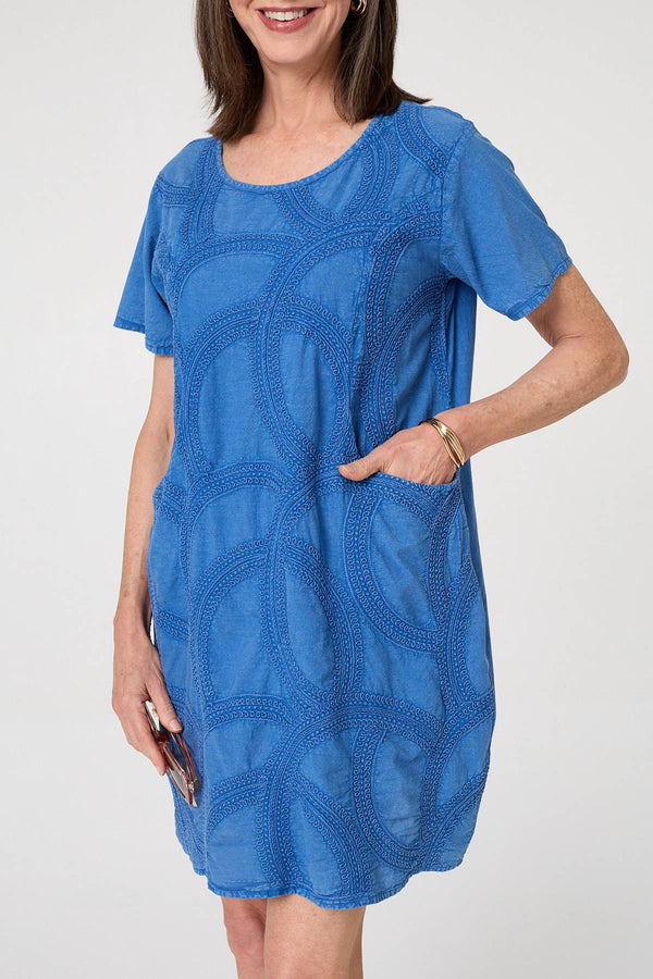 Blue | Embroidered Texture Short Shift Dress