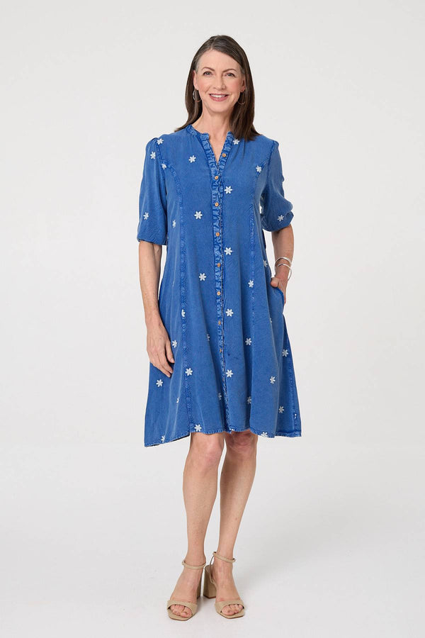 Blue | Floral Detail Buttoned Knee Length Dress