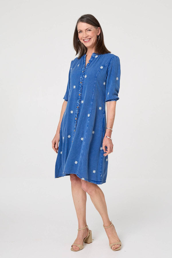 Blue | Floral Detail Buttoned Knee Length Dress