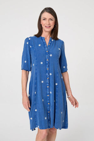 Blue | Floral Detail Buttoned Knee Length Dress