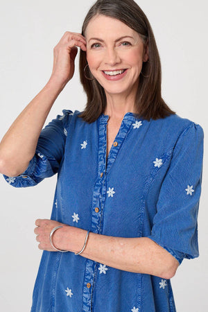 Blue | Floral Detail Buttoned Knee Length Dress