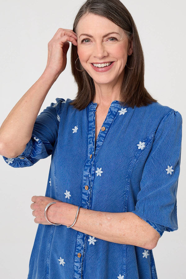 Blue | Floral Detail Buttoned Knee Length Dress