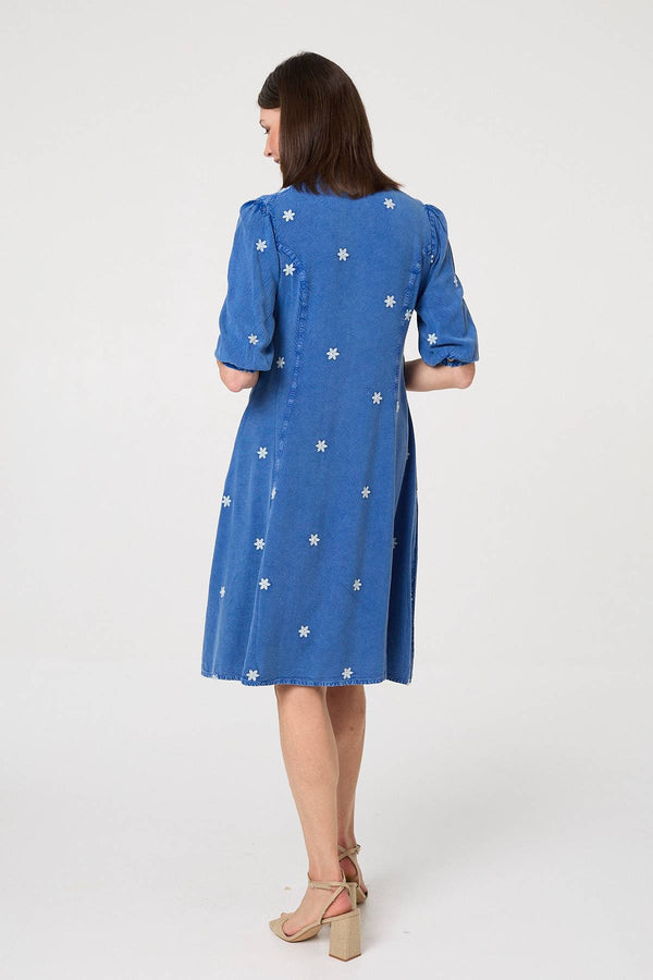 Blue | Floral Detail Buttoned Knee Length Dress