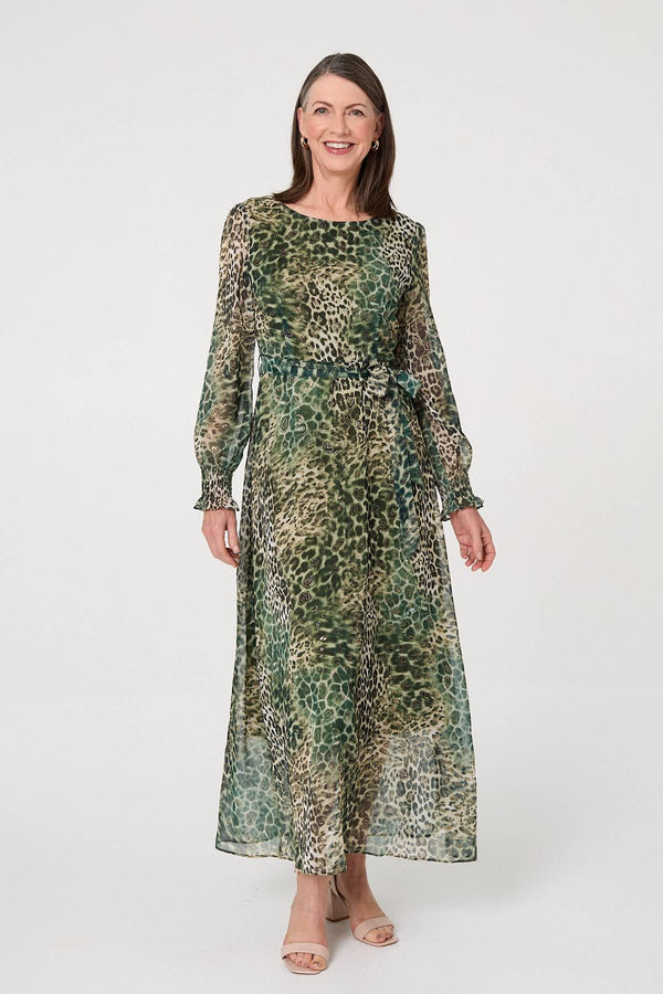 Green | Animal Print Semi Sheer Tie Maxi Dress