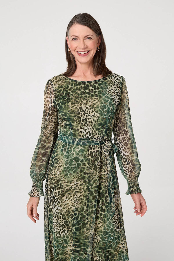 Green | Animal Print Semi Sheer Tie Maxi Dress