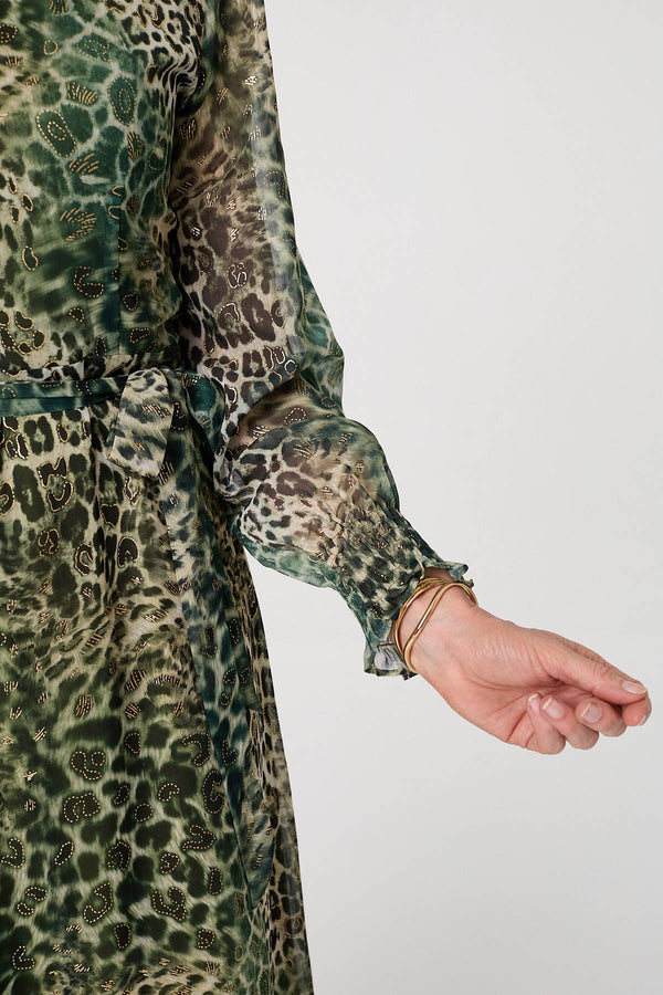 Green | Animal Print Semi Sheer Tie Maxi Dress