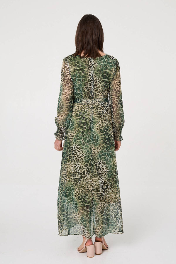 Green | Animal Print Semi Sheer Tie Maxi Dress