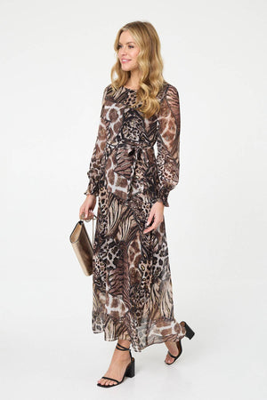 Brown | Embellished Animal Print Maxi Dress