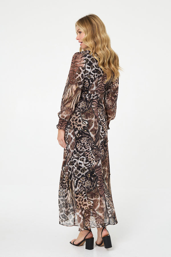 Brown | Embellished Animal Print Maxi Dress