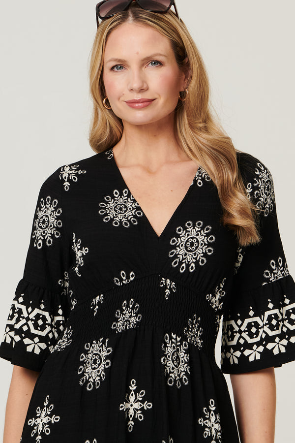 Black | Border Print Ruched Knee Length Dress