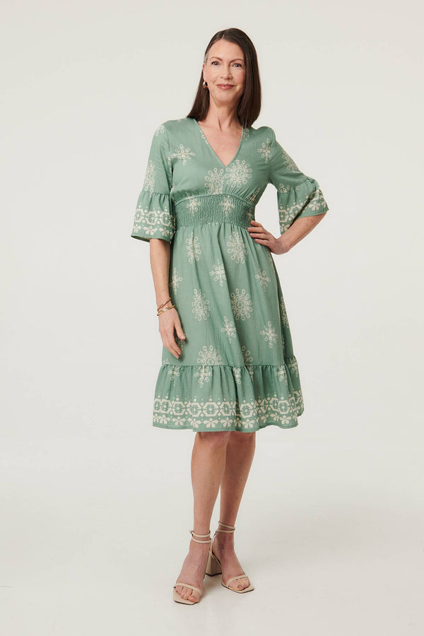 Green | Border Print Knee Length Dress