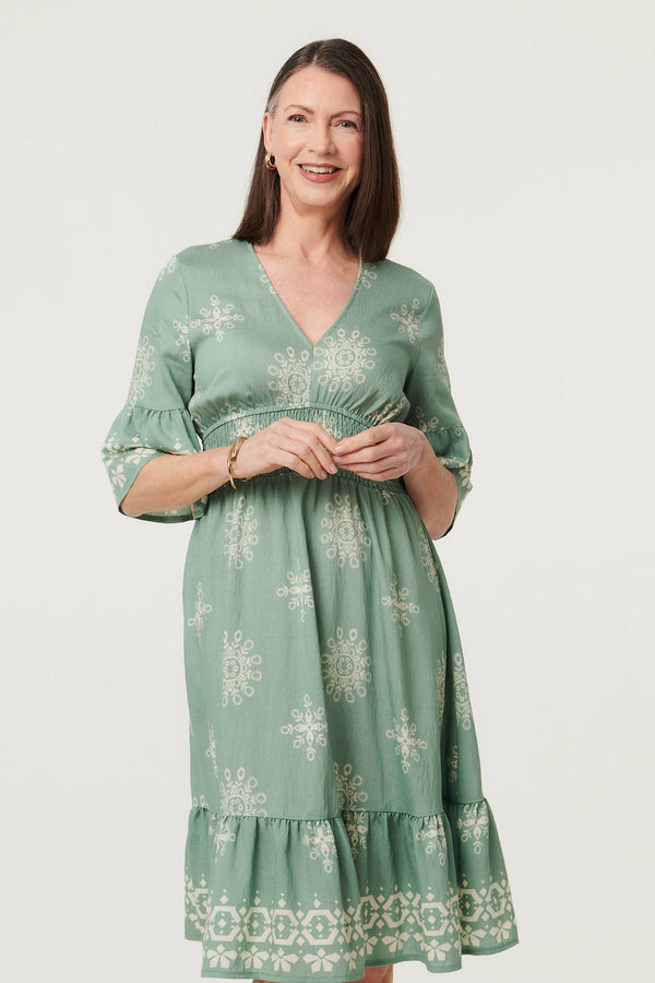 Green | Border Print Knee Length Dress