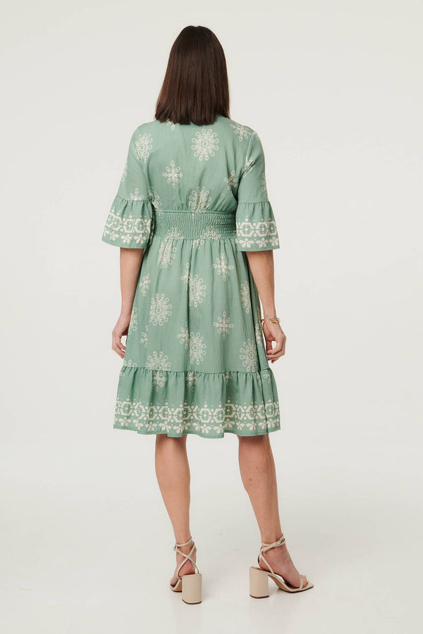Green | Border Print Knee Length Dress