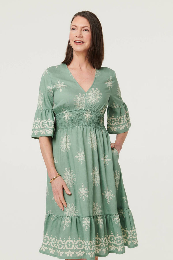 Green | Border Print Knee Length Dress