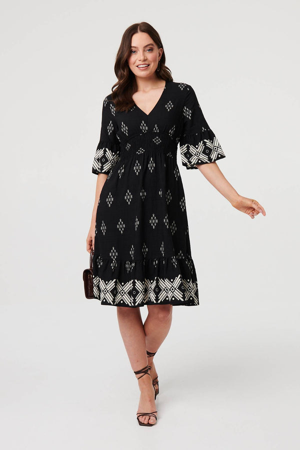 Black | Border Print Relaxed Knee Length Dress