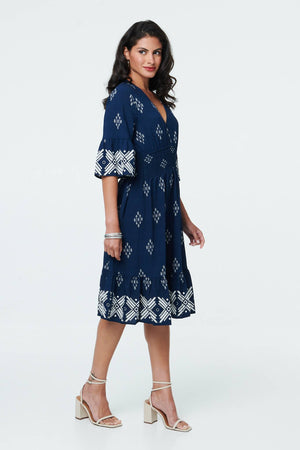 Navy | Border Print Relaxed Knee Length Dress