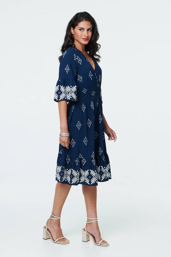 Navy | Border Print Relaxed Knee Length Dress