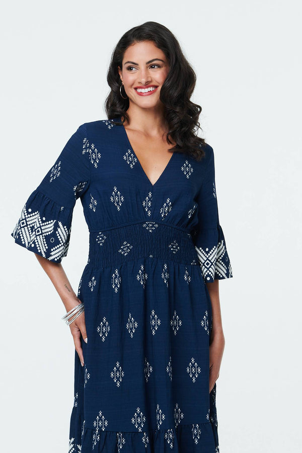 Navy | Border Print Relaxed Knee Length Dress