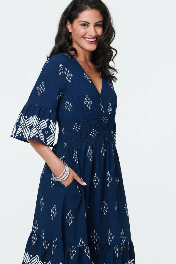 Navy | Border Print Relaxed Knee Length Dress